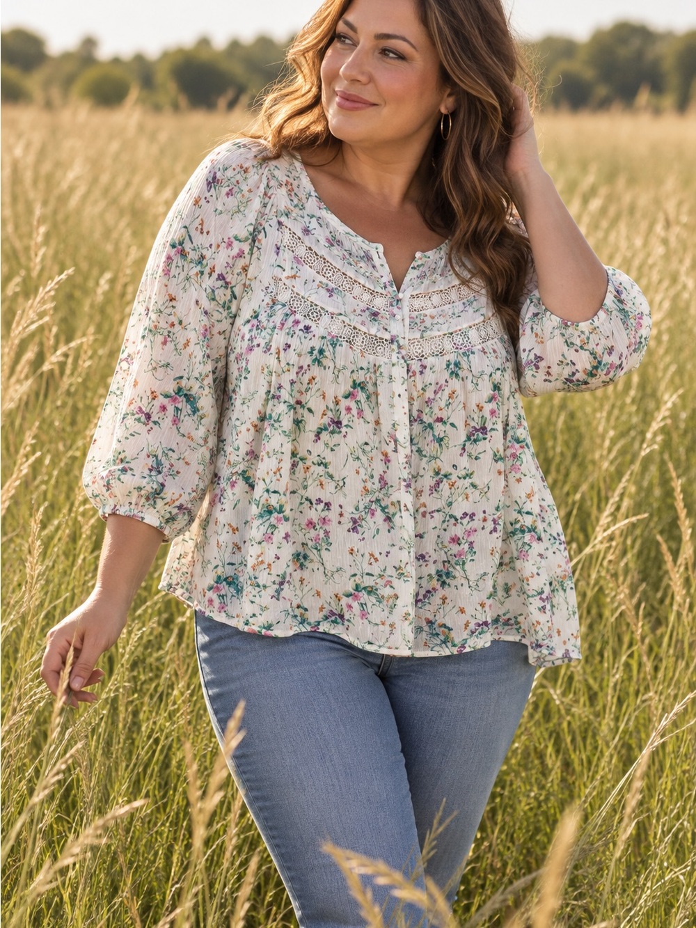 Rose & Olive Cream Floral Crochet-Yoke Peasant Blouse Flowy